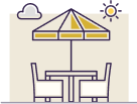 The image depicts a stylized illustration of an outdoor patio setting with a table, chairs, an umbrella, and a sunny sky background.
